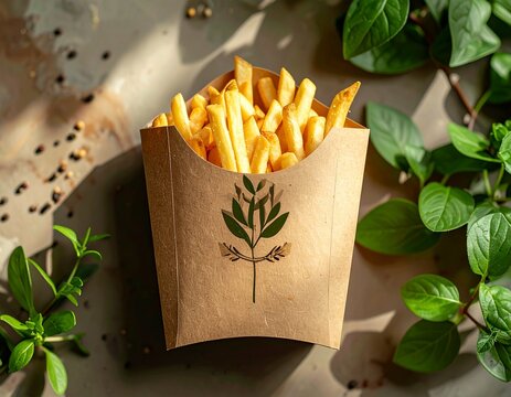 Golden french fries in eco friendly brown paper packaging.