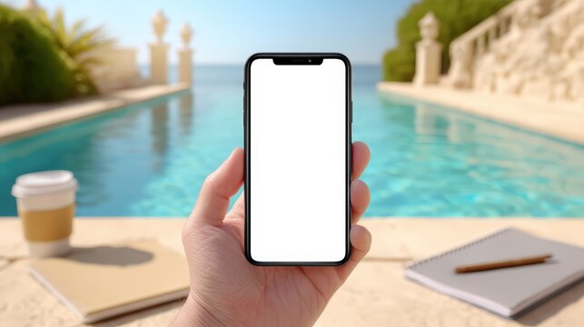 Hand holding smartphone with blank screen at luxury swimming pool