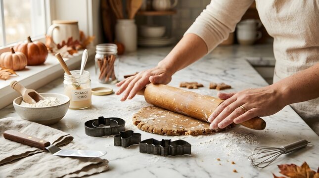 Halloween Baking Preparation at Home with Fresh Cookie Dough, Rolling Pin, Seasonal Cutters and Homemade Autumn Dessert Ingredients