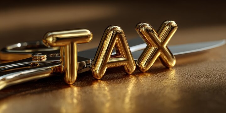 Golden tax letters with scissors on a desk representing tax cuts, financial policy, taxation reform and reduced government burden