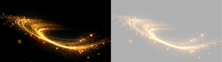 Golden swirling light wave with glittering particles. Glowing spiral curve trail overlay isolated on black and transparent background © Антон Миргородський