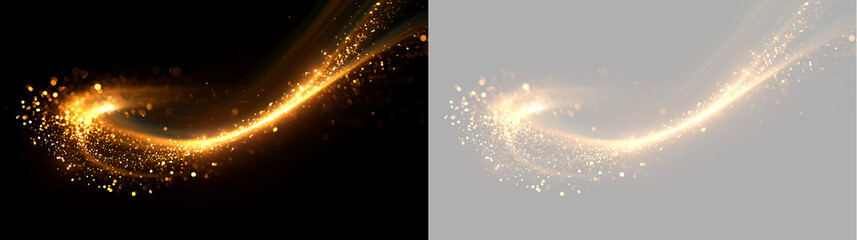 Golden light wave with glowing glitter particles. Swirling magic streak trail overlay isolated on black and transparent background © Антон Миргородський