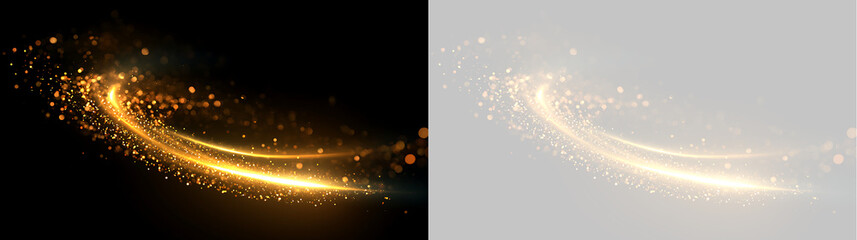 Sweeping golden light streak with shining glitter particles. Dynamic glowing swoosh trail overlay isolated on black and transparent background © Антон Миргородський