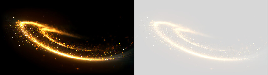 Glowing golden light swirl with sparkling particle trail. Flowing magic streak effect overlay isolated on black and transparent background © Антон Миргородський