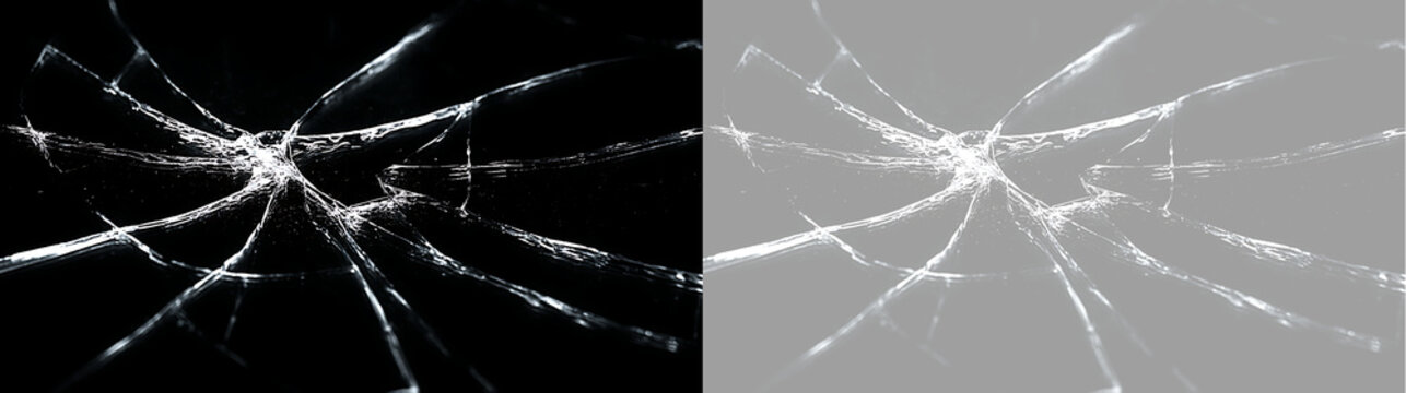 Broken glass spiderweb crack texture. Shattered screen and damaged window impact overlay on transparent background