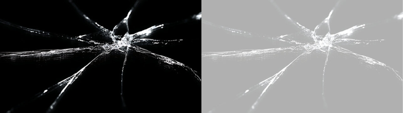 Shattered glass crack overlay with branching fracture lines. Broken screen effect on transparent background. Destruction concept