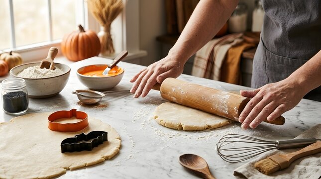 Halloween Baking Preparation at Home with Homemade Cookie Dough, Seasonal Cutters and Traditional Kitchen Ingredients for Festive Autumn Baking