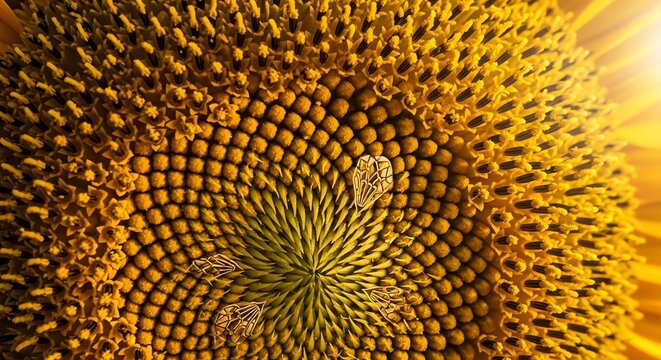 Golden sunflower seed spiral macro photography.