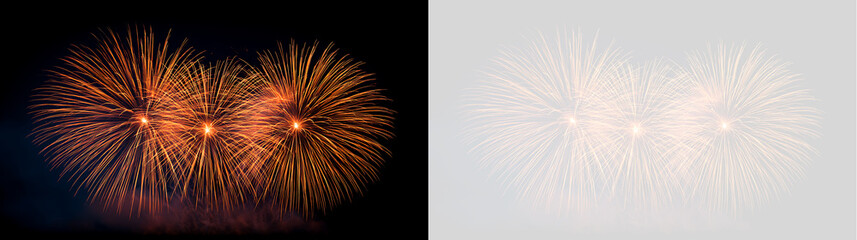 Obraz premium Triple orange firework bursts in night sky isolated on transparent background. Vibrant pyrotechnics display for party and holiday design