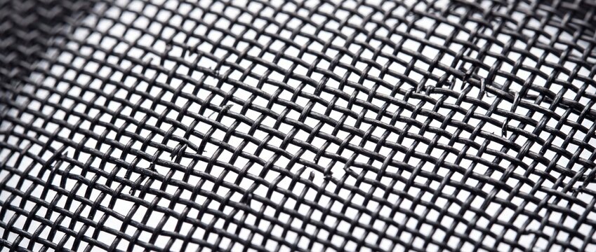Woven black metal wire mesh texture closeup on bright background captures fine grid pattern and intricate industrial screening detail for abstract wallpaper use.