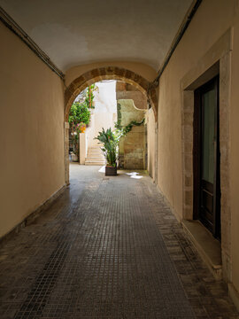 Private alleyway with a stone arch opening into a sunlit internal court in Ortigia, Syracuse, Sicily, Italy. Vaulted corridor with potted green plants and historic steps.
