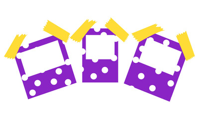 Three purple polka dot photo frames with yellow tape isolated on transparent background © JARA