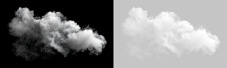 Realistic fluffy white cloud on transparent background. Isolated dense cumulus smoke cloud cutout...