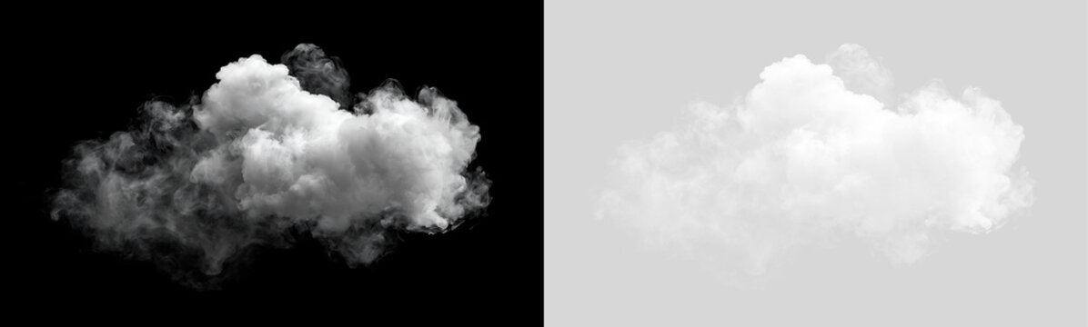 Isolated white cloud cutout on transparent and black background. Dense fluffy smoke cloud overlay for sky compositing and graphic design