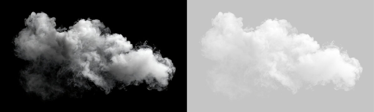 Realistic fluffy white cloud on transparent background. Isolated dense cumulus smoke cloud cutout for sky overlay and visual effects