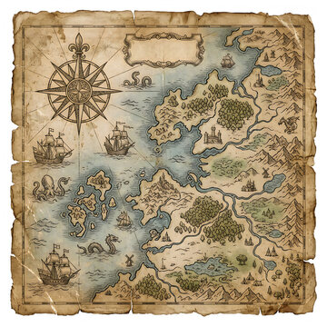 Vintage fantasy map with compass and treasure illustration isolated on transparent background