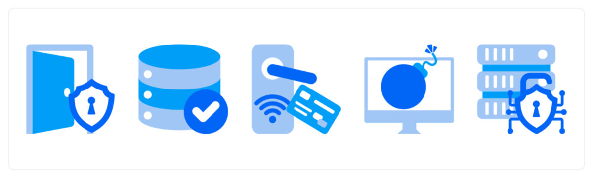 A set of 5 mix icons as Security Door, Data Integrity, Smart Lock