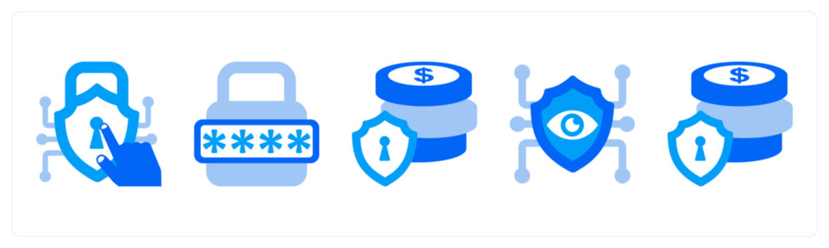 A set of 5 mix icons as Access Control, PIN Code, Asset Protection