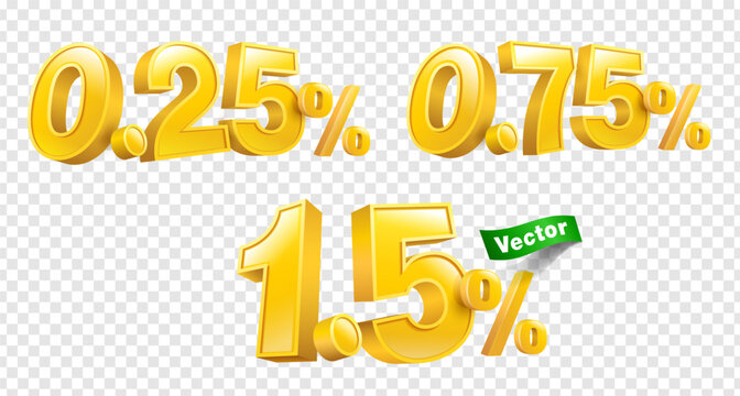 3D gold vector numbers set showing 0.25%, 0.75%, and 1.5% isolated on transparent background. Ideal for finance, banking, sale discount, interest rate, and promotional banners.