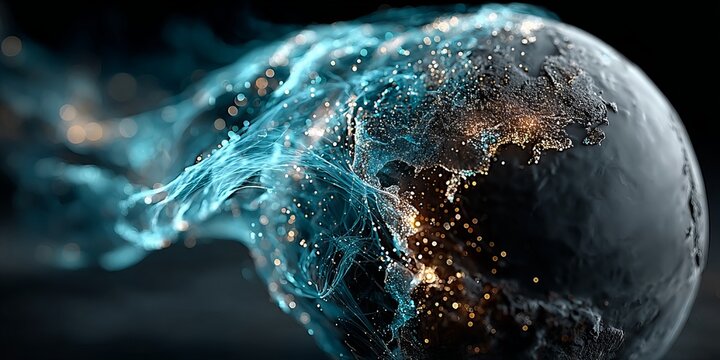 Digital earth with glowing global network connections and flowing data streams representing worldwide
