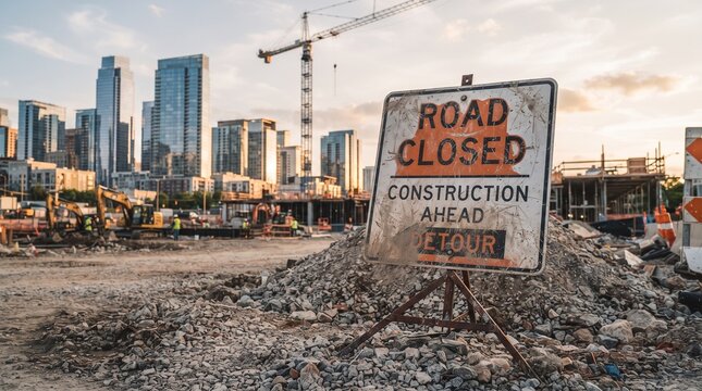 A "Road Closed" sign on a pile of debris at a large urban construction site with cranes and a city skyline in the background.