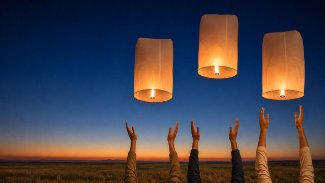 Coordinated Yi Peng Sky Lantern Release at Twilight in Northern Thailand