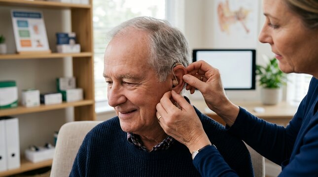 Audiologist adjusting a modern hearing aid for an elderly man in a medical clinic office.