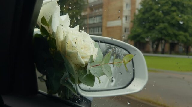 White rose bouquet resting beside car side mirror on rainy day with raindrops on window