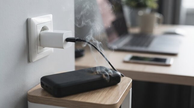 A black power bank smoking while charging from a wall outlet, indicating an electrical malfunction or fire hazard.