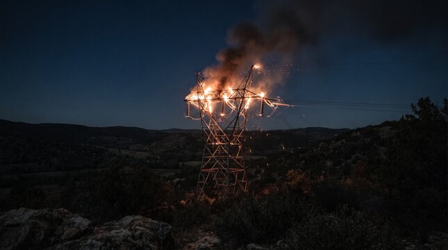 Electrical transmission tower engulfed in flames at night, causing a power outage.