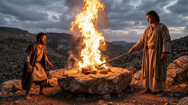 The Angel of the Lord touching Gideon's offering with the tip of his staff, causing fire to flare up directly from the solid rock