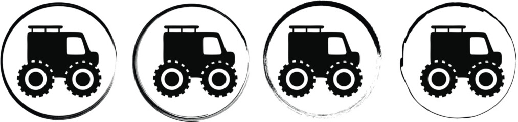 Four circular displaying a black silhouette of a monster truck, isolated on a white background vehicle © SilhouetteStore