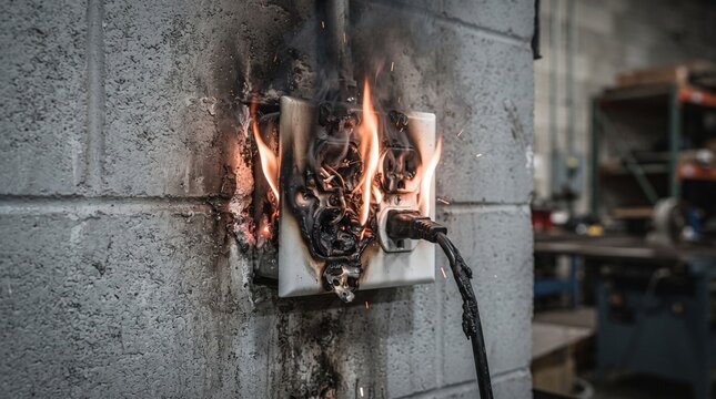 Electrical outlet on a concrete wall engulfed in flames due to an electrical fire, showing melted plastic and charred wiring.