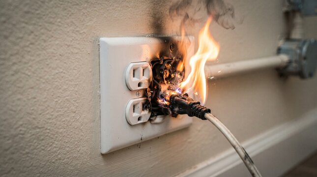 Electrical outlet on fire with a burning plug and smoke, indicating an electrical short circuit or overload hazard in a residential setting.