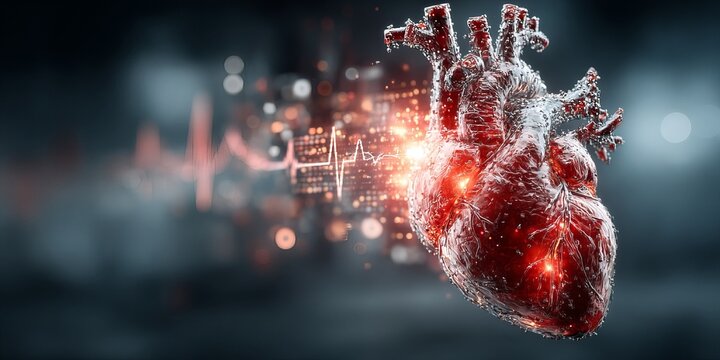 Anatomical human heart with glowing red pulse and cardiogram waveform, representing cardiovascular health, cardiac diagnosis