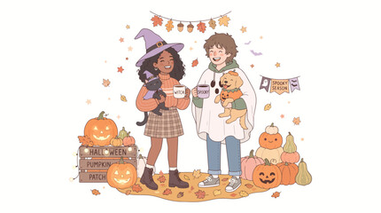 Fototapeta premium Cute Young Couple Celebrating Halloween in Costumes with Pets and Pumpkins in Autumn