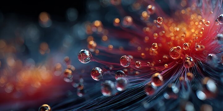 Abstract microscopic cells with glowing droplets and fibers representing cellular biology, medical research, biotechnology