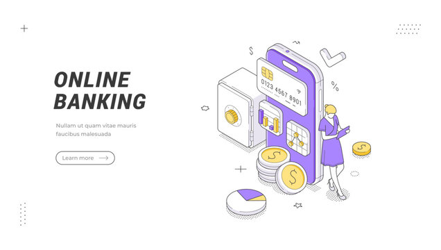 Isometric vector illustration of online banking services. A digital finance and mobile payment web banner or application template. Secure transactions, account management, and e-wallet concept