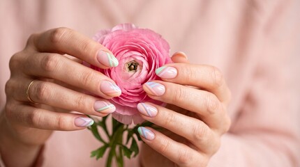 Fototapeta premium Pastel geometric striped nails female hands holding pink flower