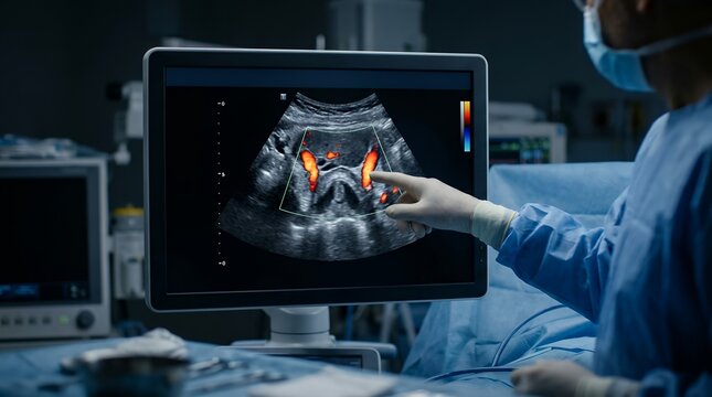 Doctor analyzing hemorrhoids anatomy on color Doppler ultrasound screen in hospital clinic.