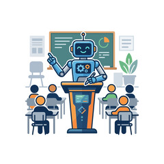 Fototapeta premium A friendly robot teacher instructs students in a modern classroom setting