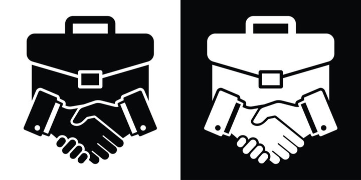 Business briefcase icon integrated with a handshake symbol, representing corporate deal, professional job agreement, employment contract, and partnership vector design.