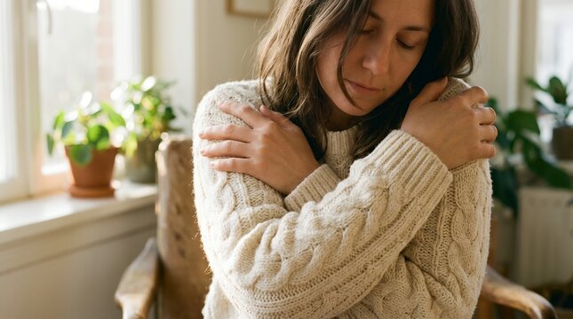 Woman practicing self-care with gentle self-hug indoors near bright window for emotional wellness