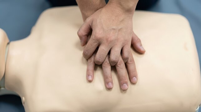 Hands performing chest compressions on CPR training mannequin during first aid course
