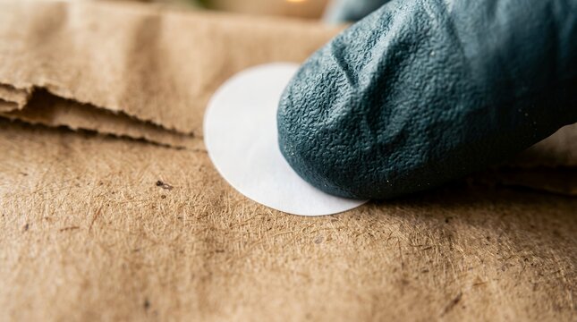 Gloved hand sealing a brown paper takeaway bag with a round white adhesive sticker.