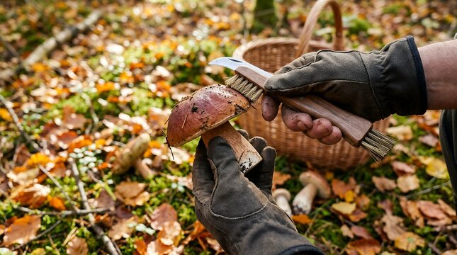 Person cleaning a wild mushroom with a specialized foraging knife in an autumn forest.