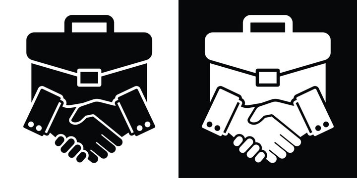 Business briefcase icon integrated with a handshake symbol, representing corporate deal, professional job agreement, employment contract, and partnership vector design.