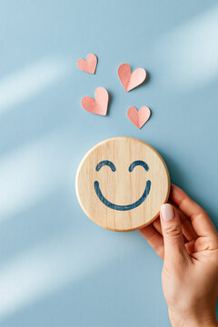 A top down view shows a hand holding a round, light colored wooden block printed with a simple blue smiling face emoji.