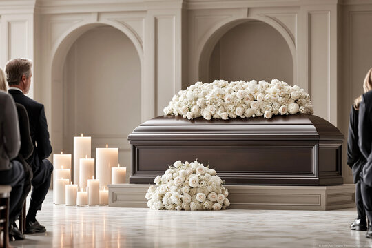A funeral service takes place inside a spacious hall with cream colored walls and marble flooring and a polished dark mahogany casket.