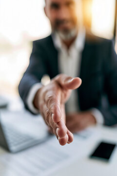 A first person perspective of a business handshake offer with shallow depth of field.